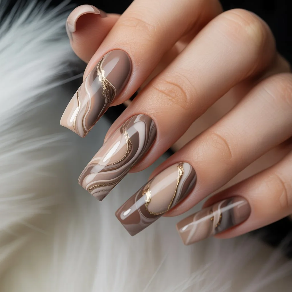 Hazelnut Neutral Marble Nails