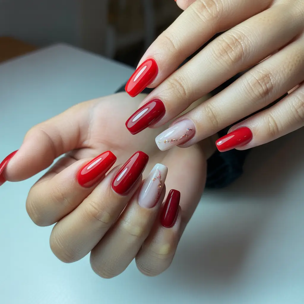 High-Shine Ruby Gel Coffin Nails