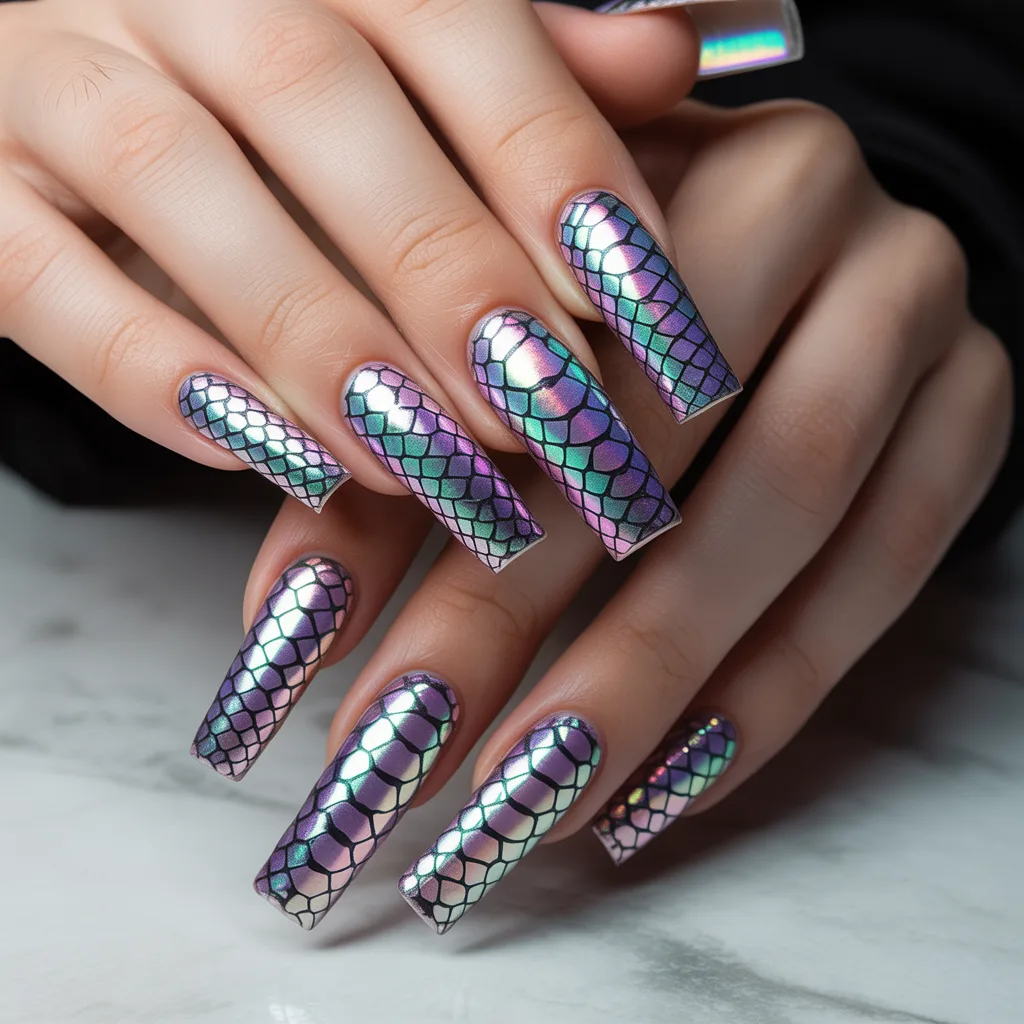 Holographic Snake Skin Nails