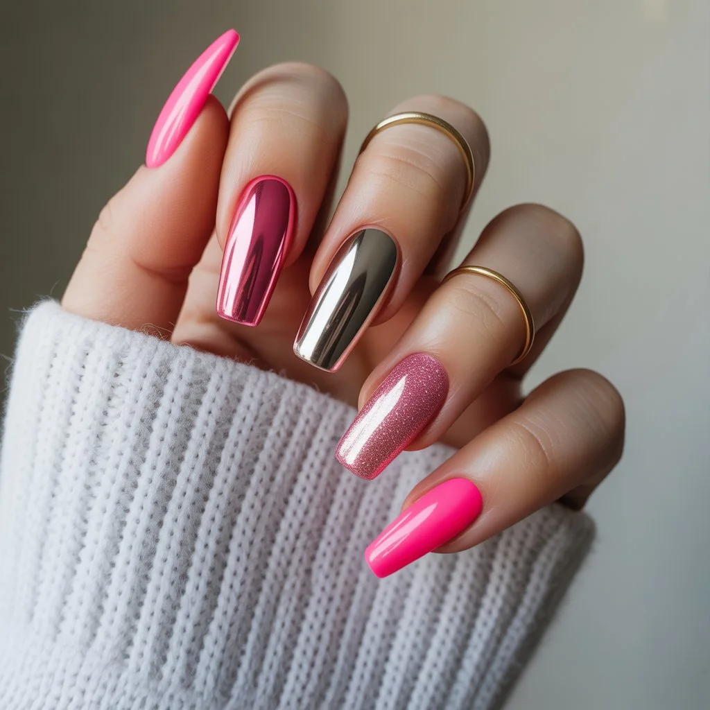 Hot Pink Chrome Accent Nails