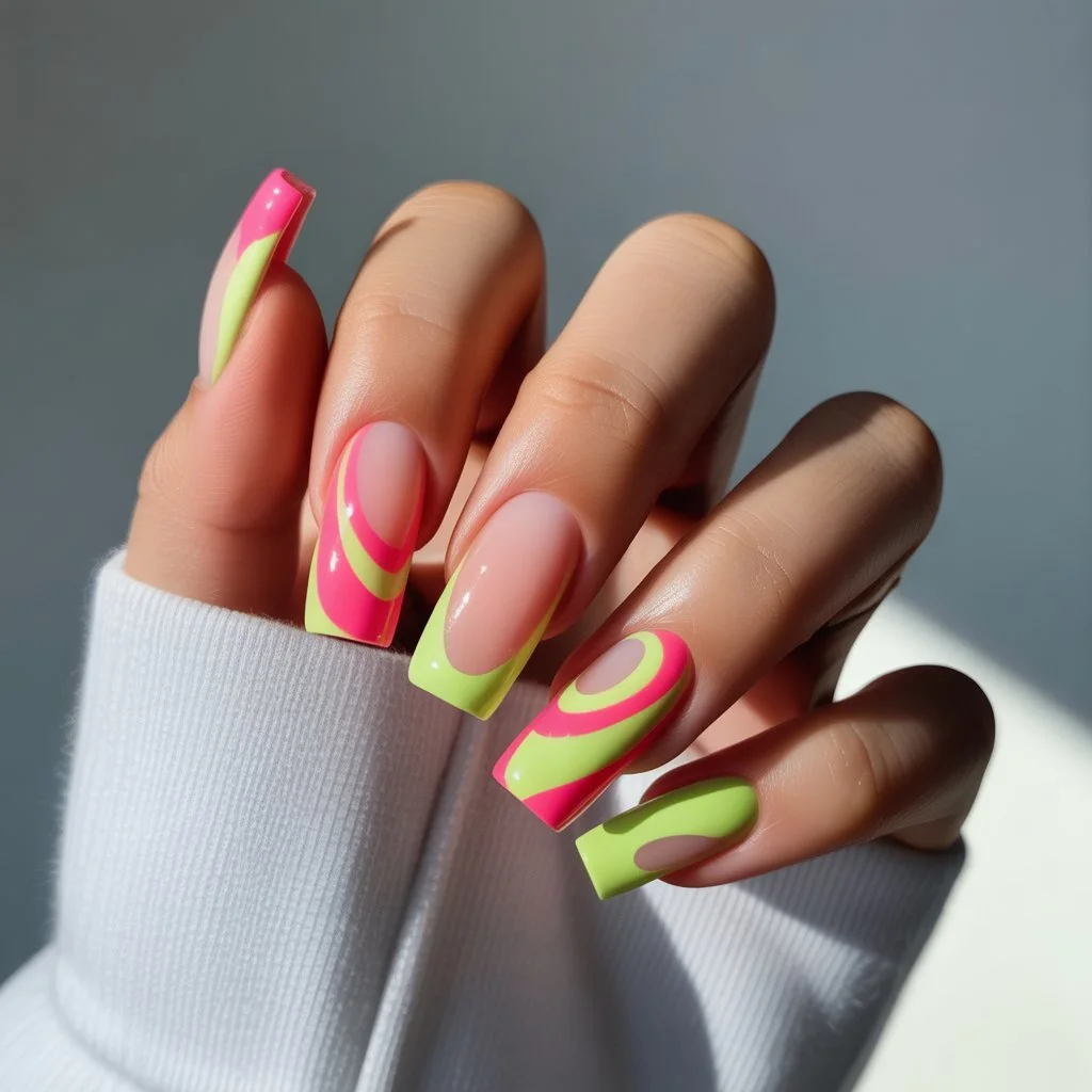 Hot Pink & Lime Swirl Nails