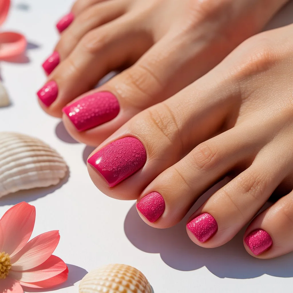 Hot Pink Sand Texture Toes Nail