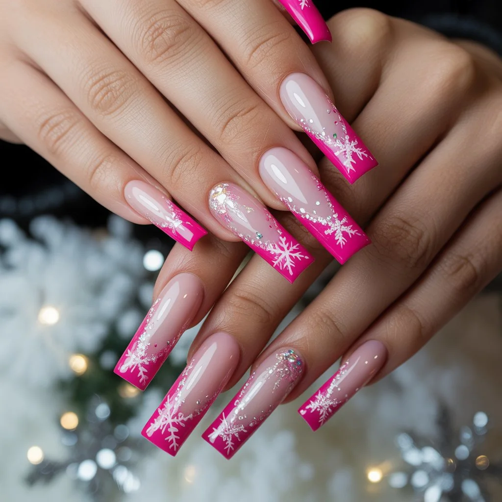 Hot Pink Snowflake Edge Tips Nail