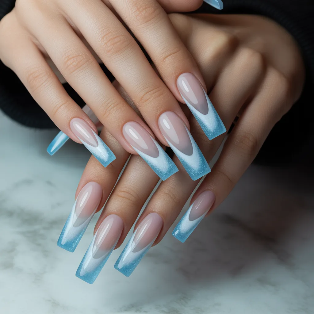  Ice Blue French Tips Nails