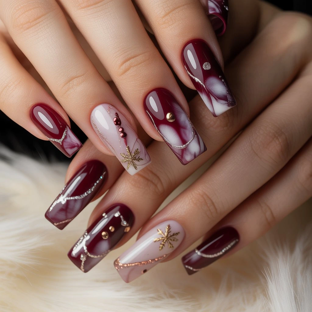 Iced Burgundy Marble Nails