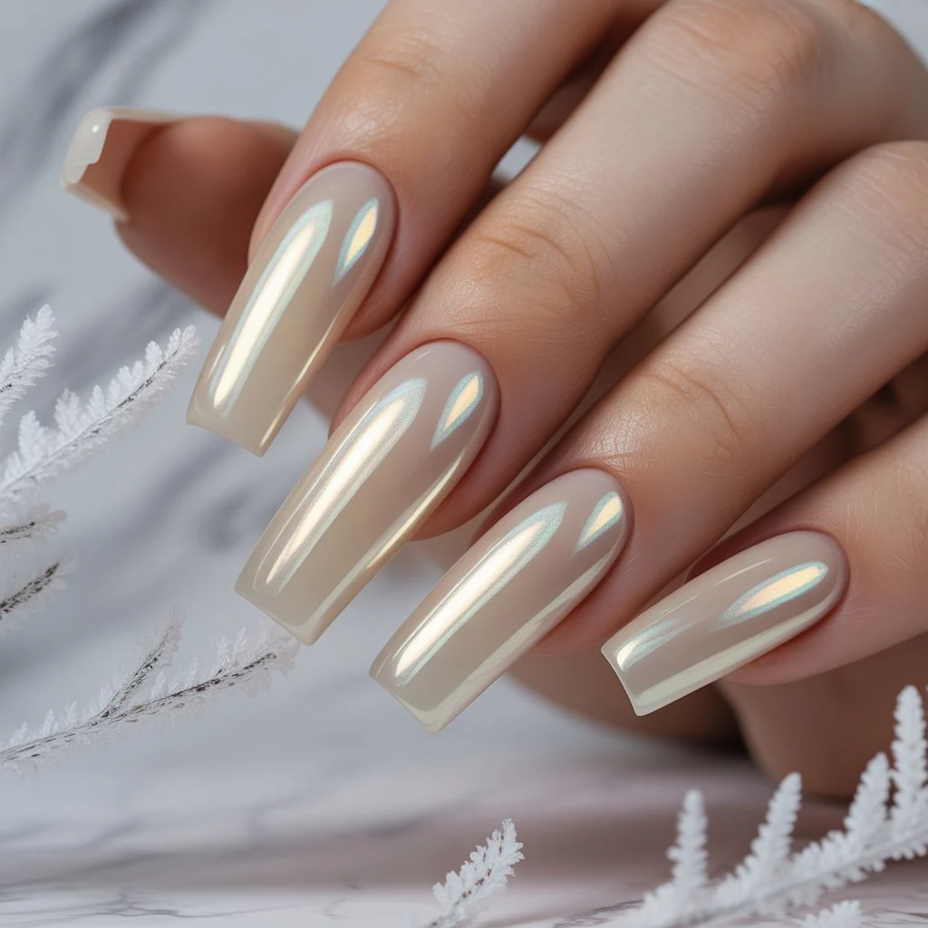 Icy Beige Chrome Sheen Nails