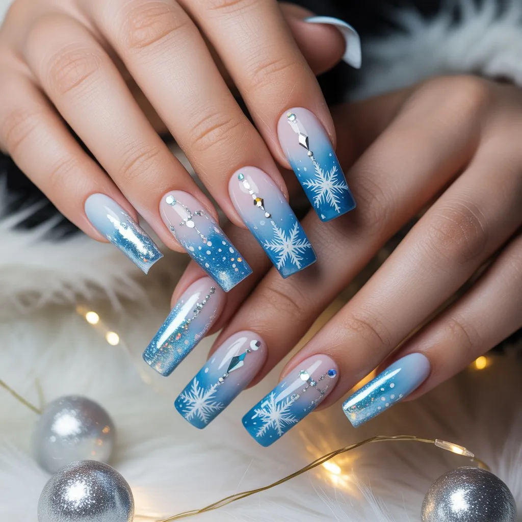 Icy Blue Christmas Sparkle Nails