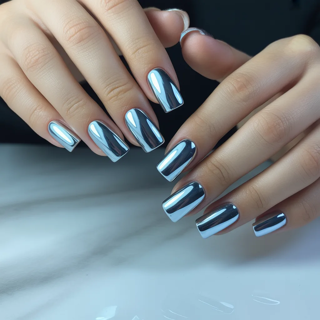 Icy Blue Chrome Square Nails