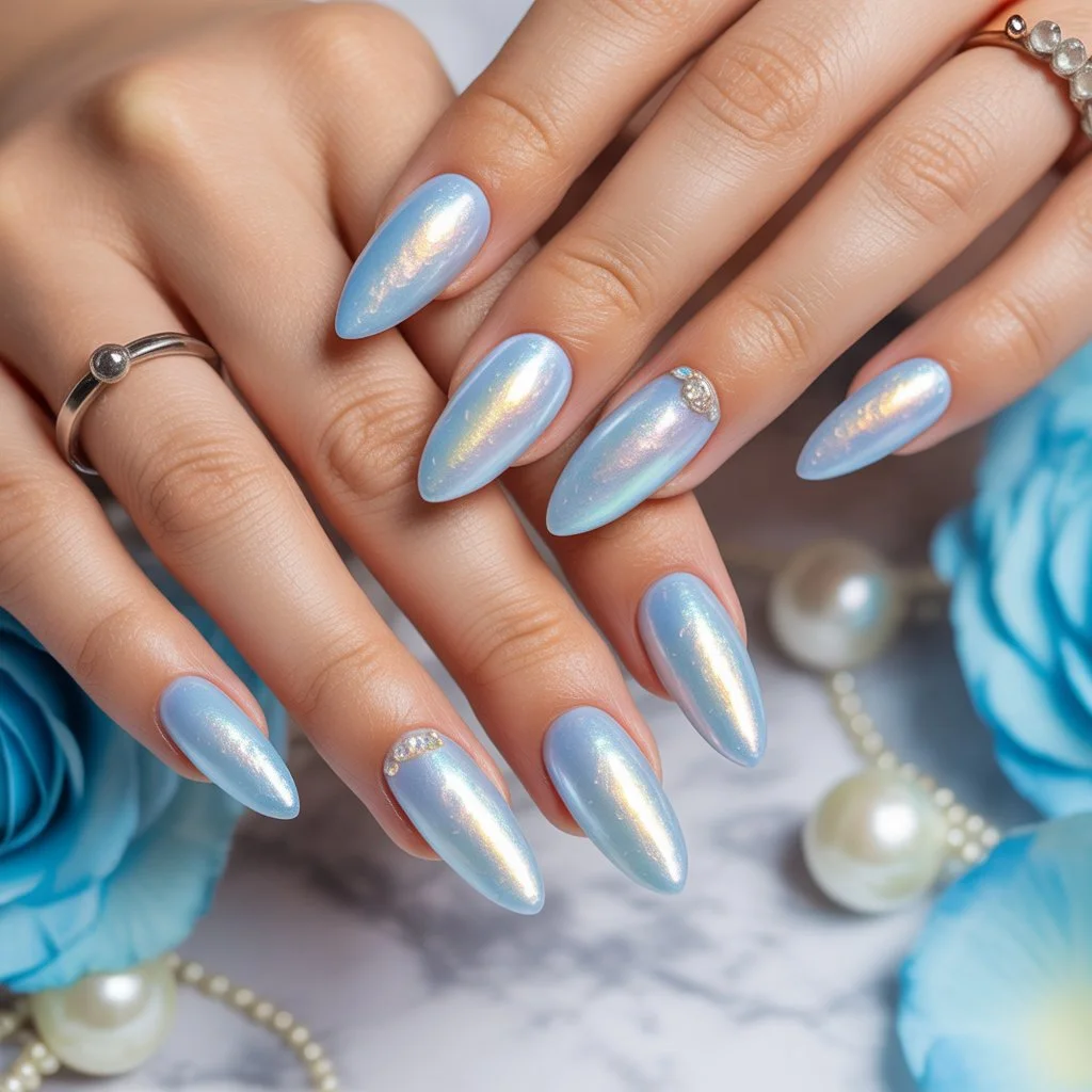 Icy Blue Pearl Shimmer Nails
