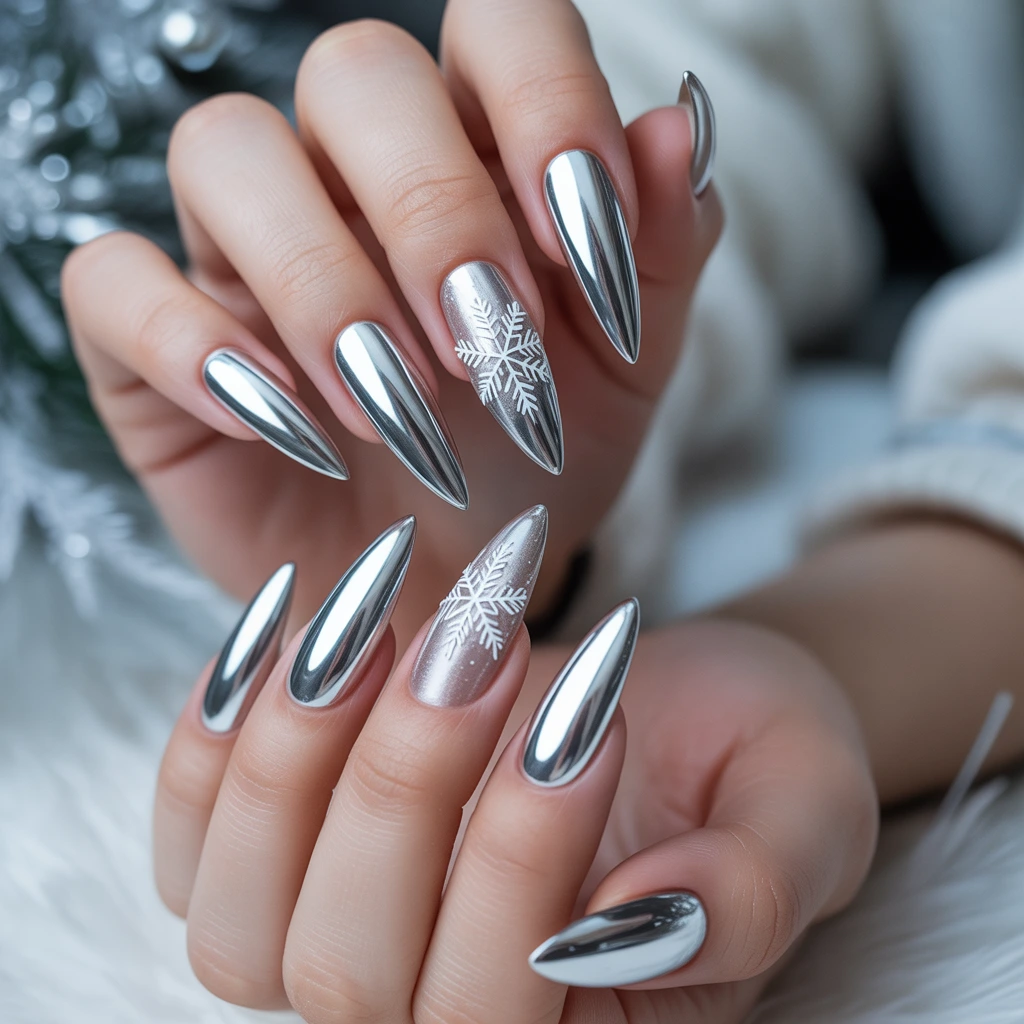 Icy Silver Chrome Snowflake Nails