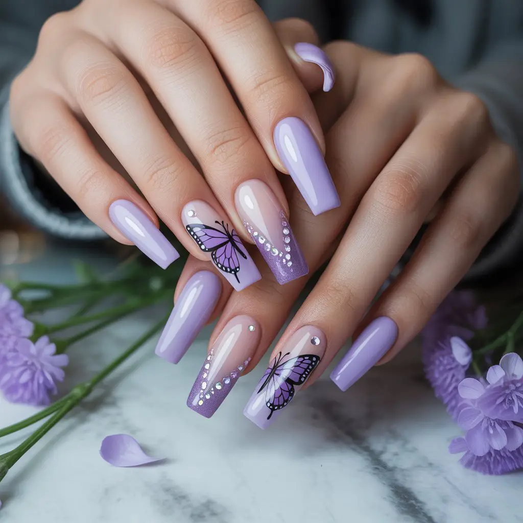 Lavender Butterfly Accent Nails
