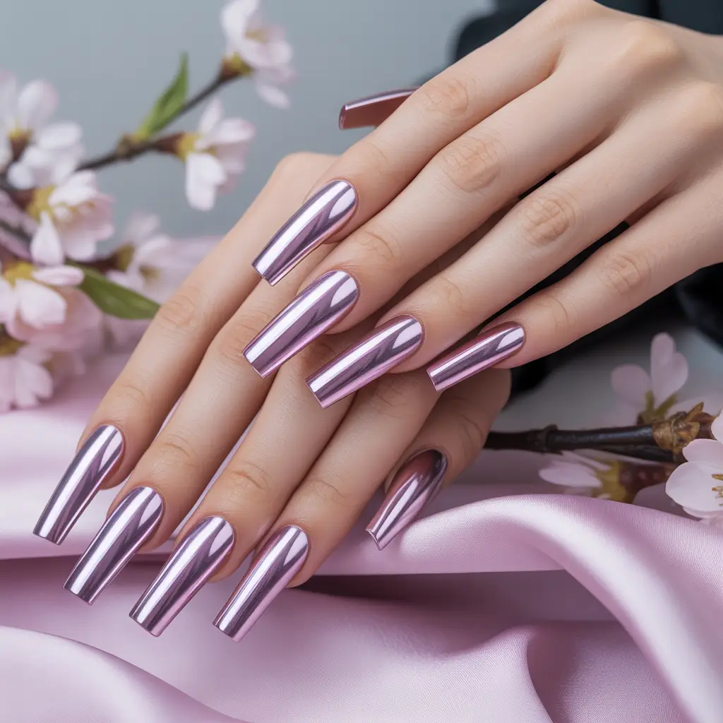 Lavender Chrome Coffin Nails