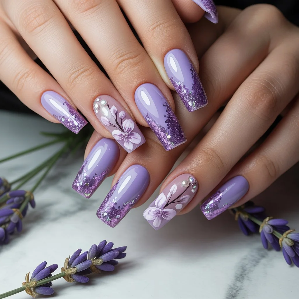 Lavender Glitter Bloom Nails