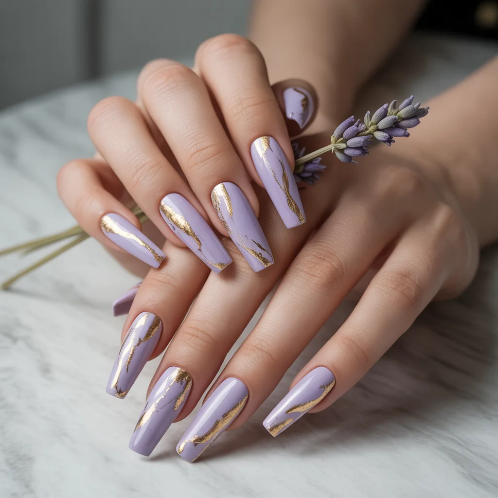 Lavender Gold Foil Nails