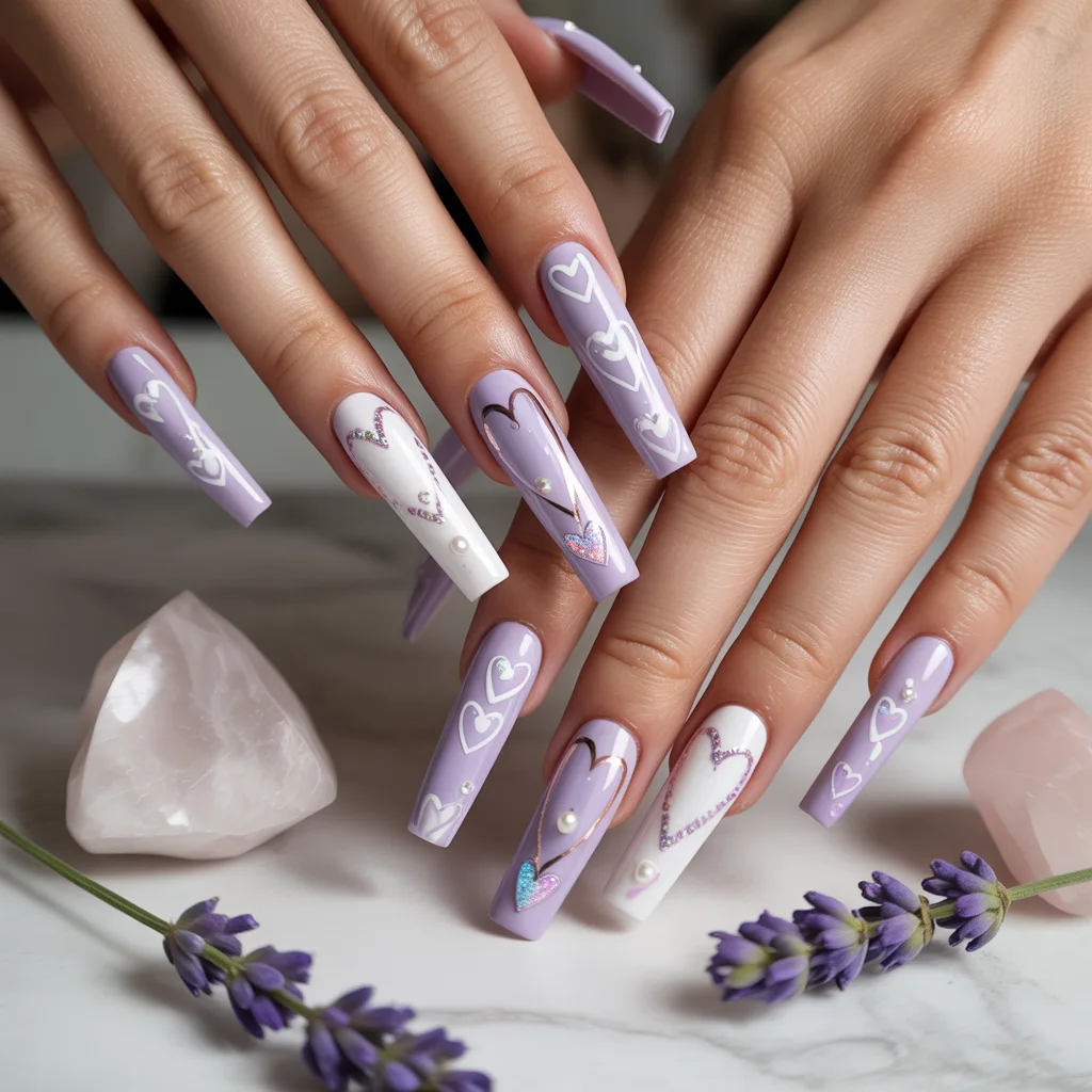 Lavender Hearts Accents Nails
