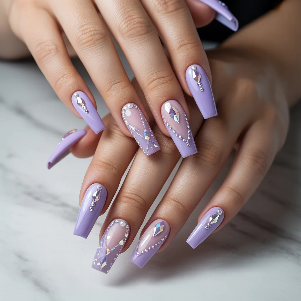 Lavender Rhinestone Nails