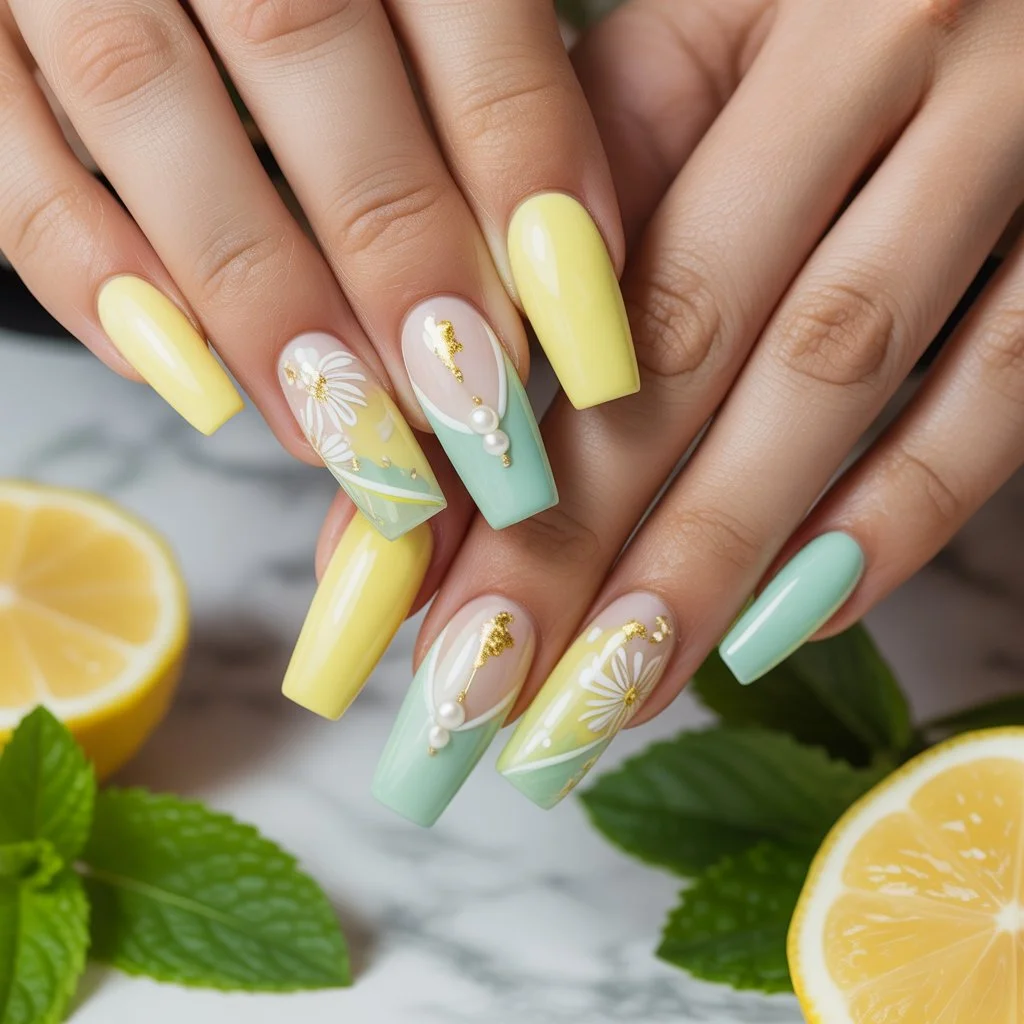 Lemon-Mint Spring Duo Nails