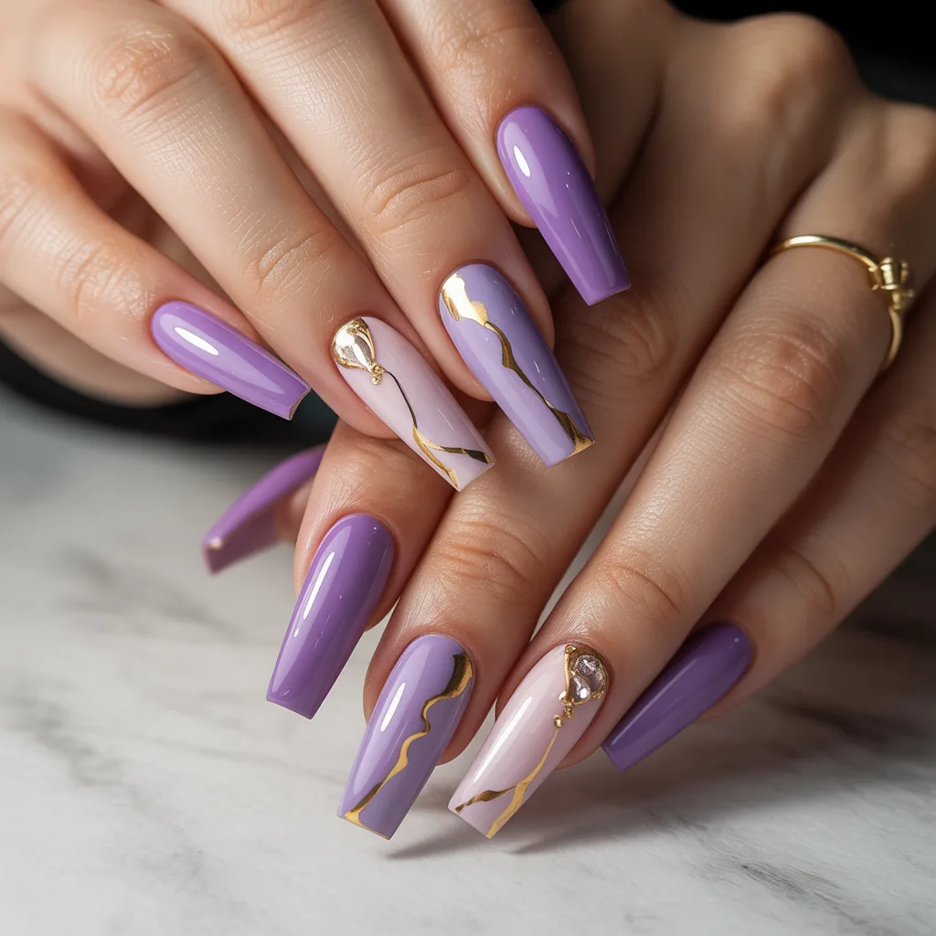 Lilac Gradient with Gold Accents Nails