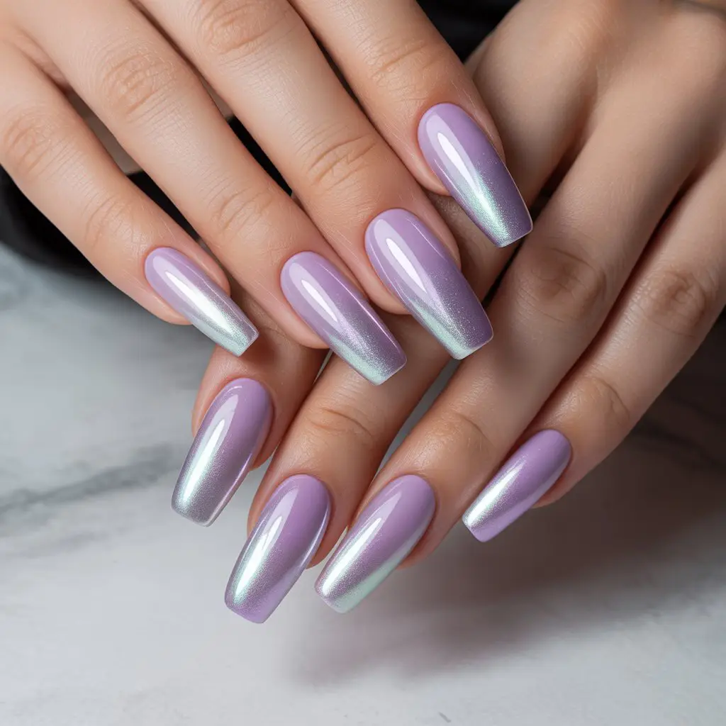 Lilac to Silver Shine Ombre Nails