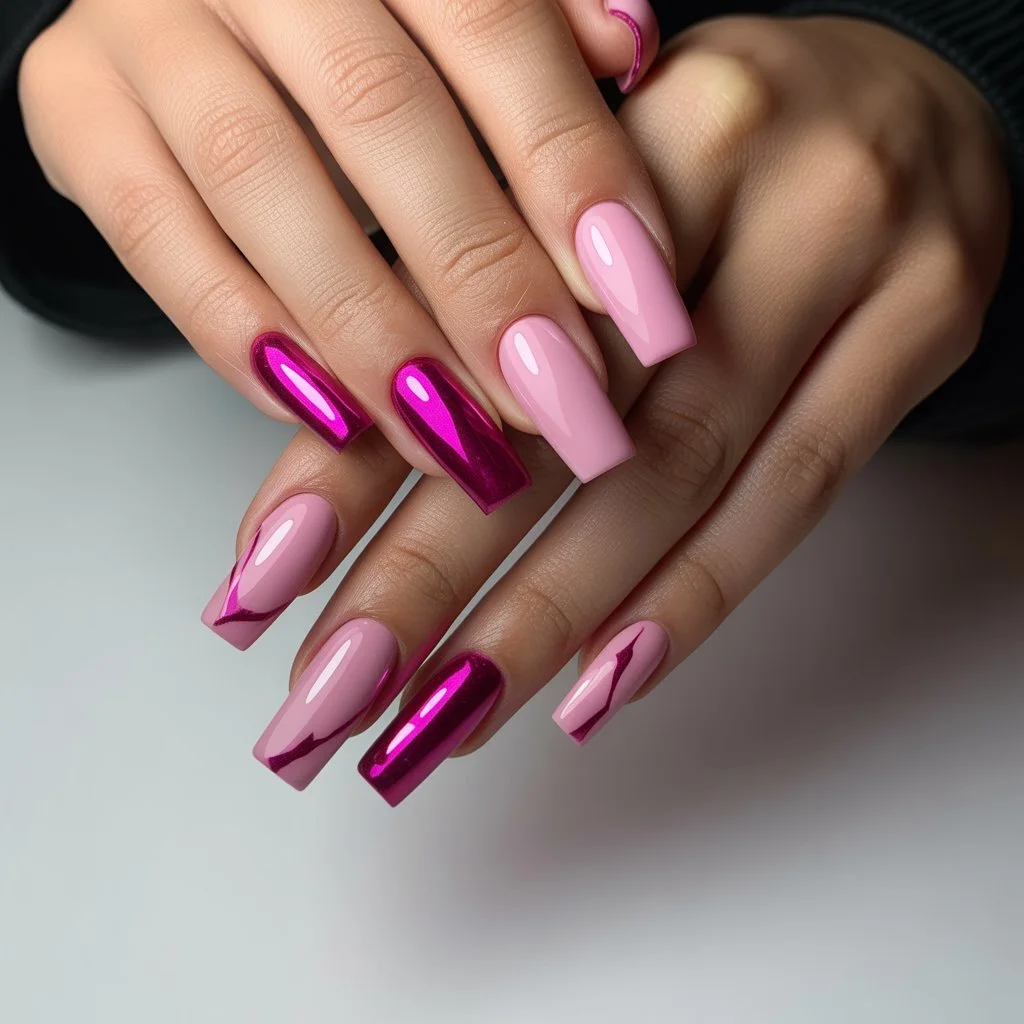 Magenta Foil Accent Nails