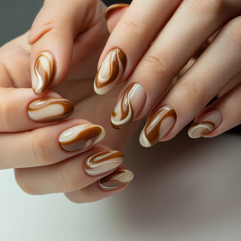 Maple Brown Swirl Almond Nails