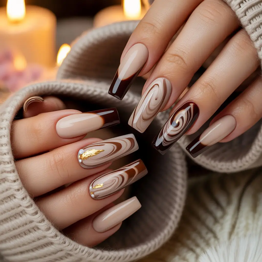 Maple Latte Swirl Nails