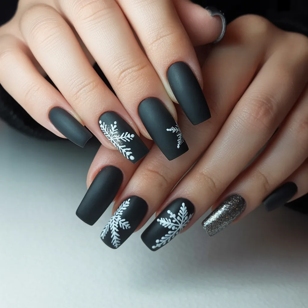 Matte Black With Snowflake Accent Nails 