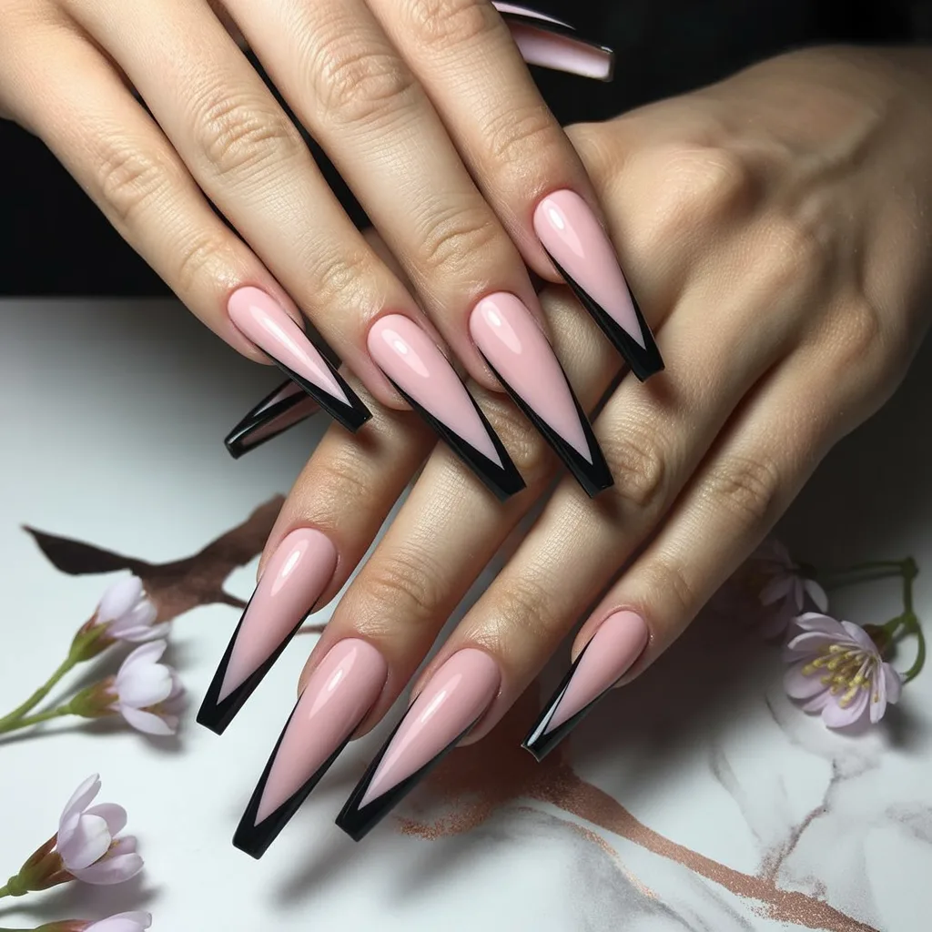 Matte Blush Pink with Black Spike Tips Nail