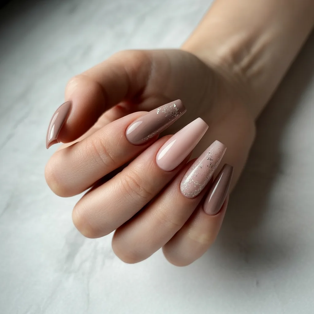 Matte Neutral Coffin Acrylics with Micro Glitter