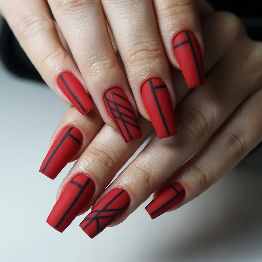 Matte Red with Black Graphic Lines Nail