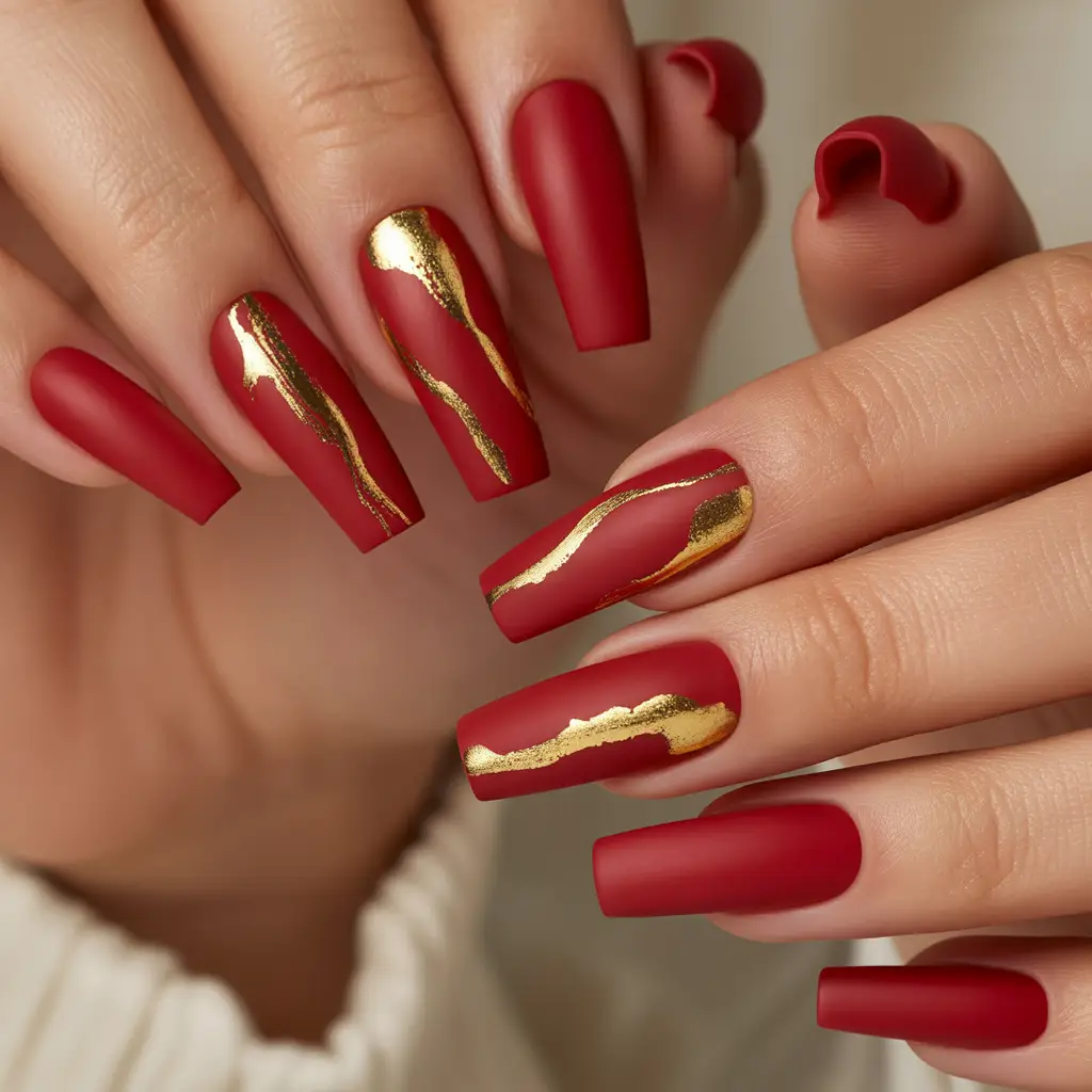 Matte Red with Gold Foil  Nails