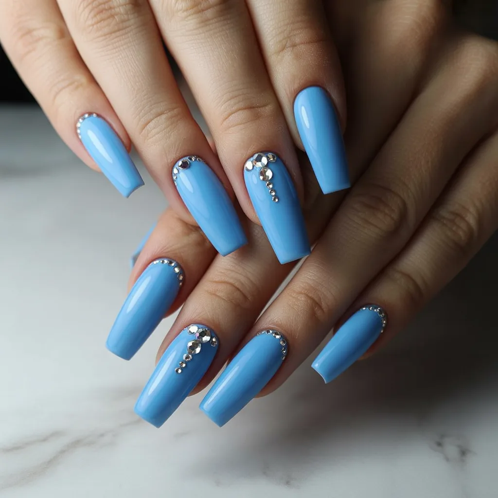 Matte Sky Blue with Rhinestone Accents Nails 