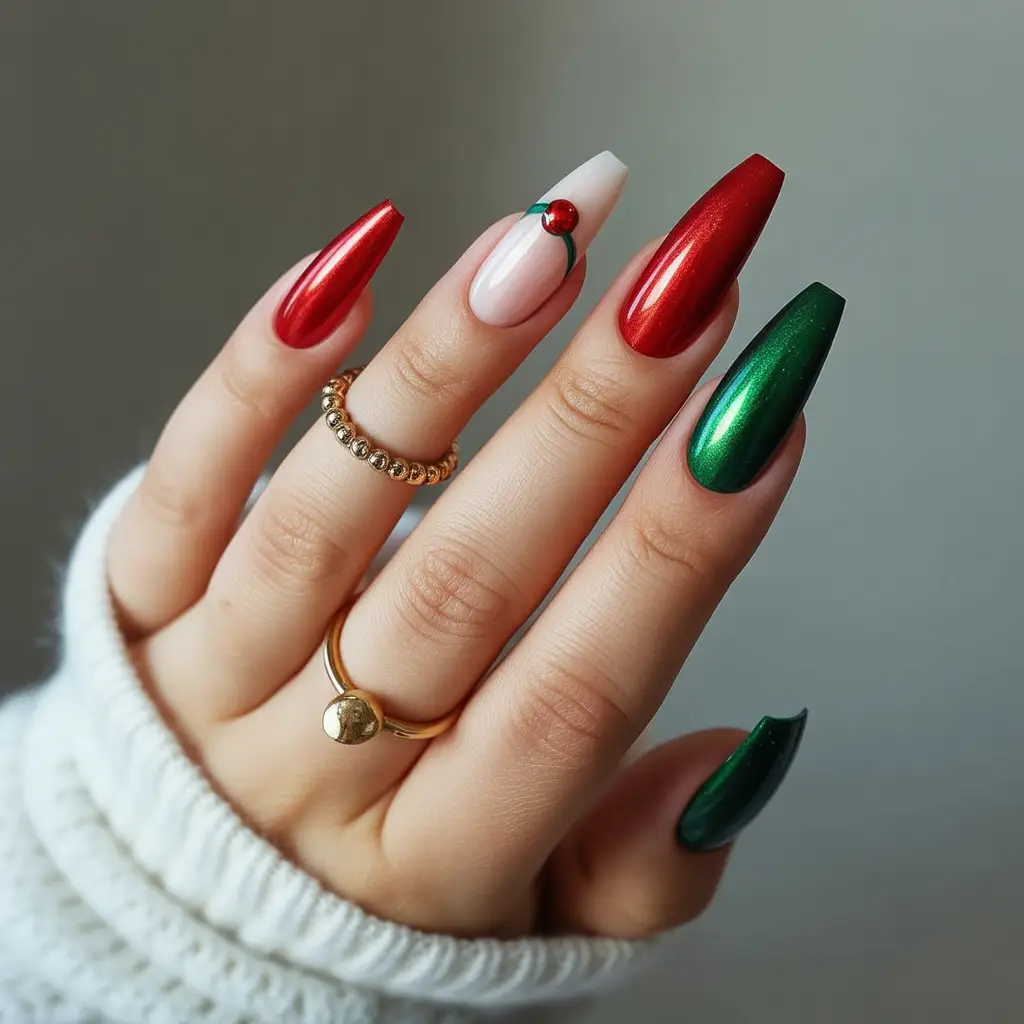 Metallic Red & Green Duo Nails