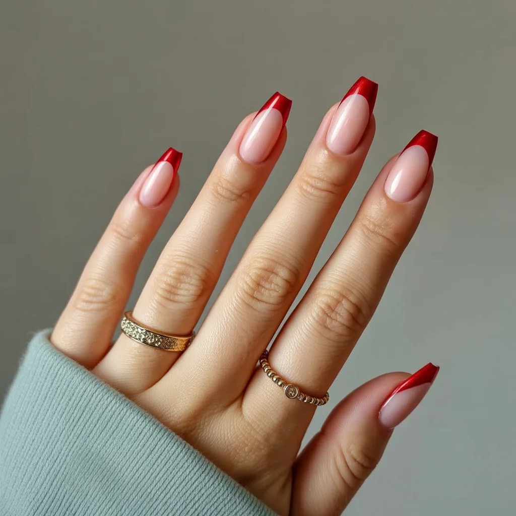 Metallic Red Micro French Tips Nail