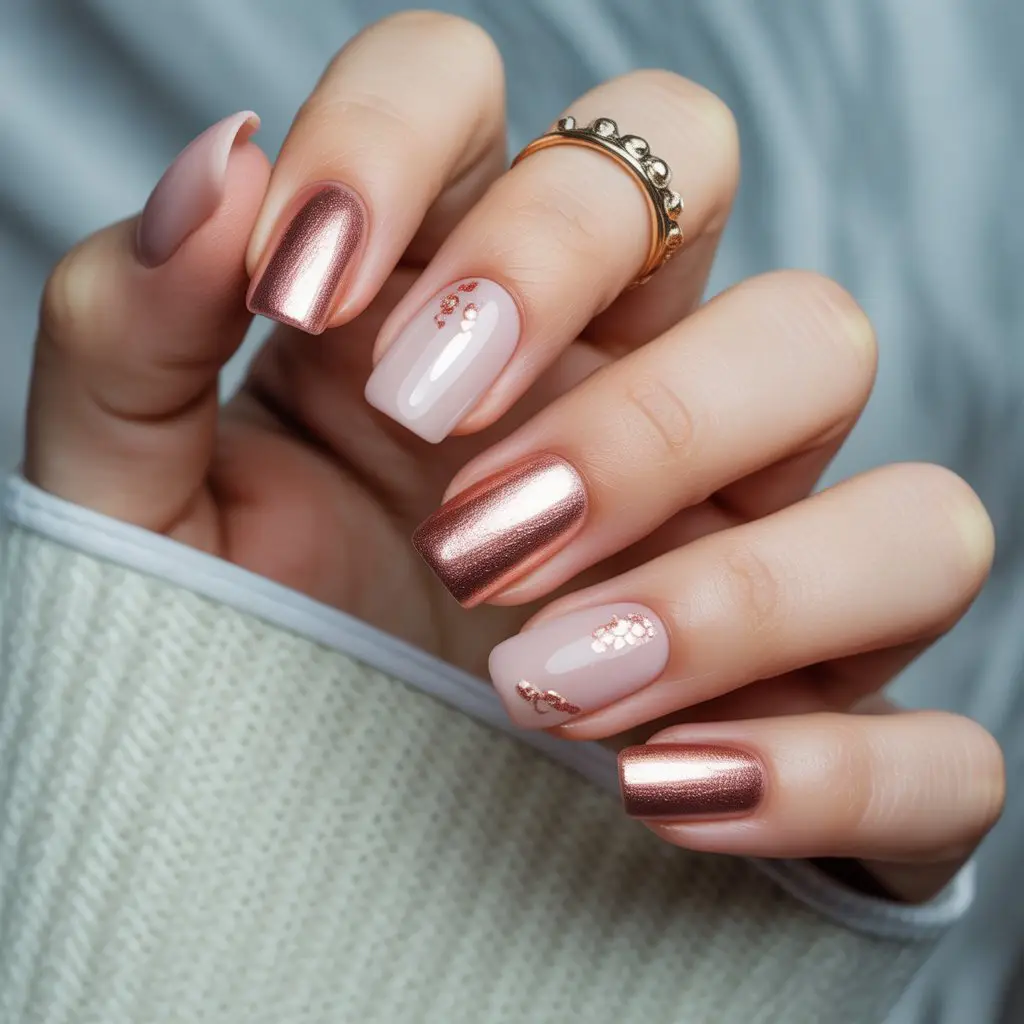 Metallic Rose-Gold Accent Dot Nails