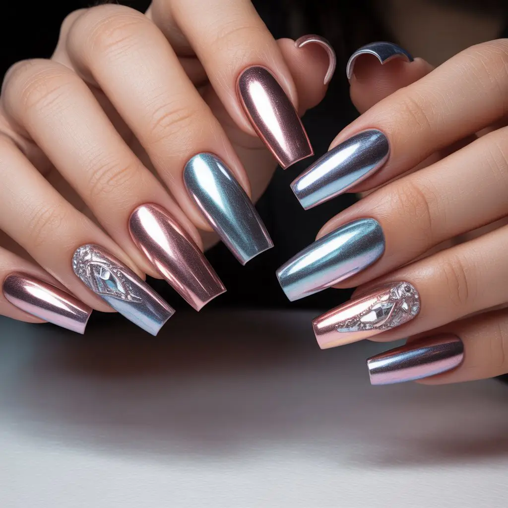 Metallic Rose Ice Chrome Nails
