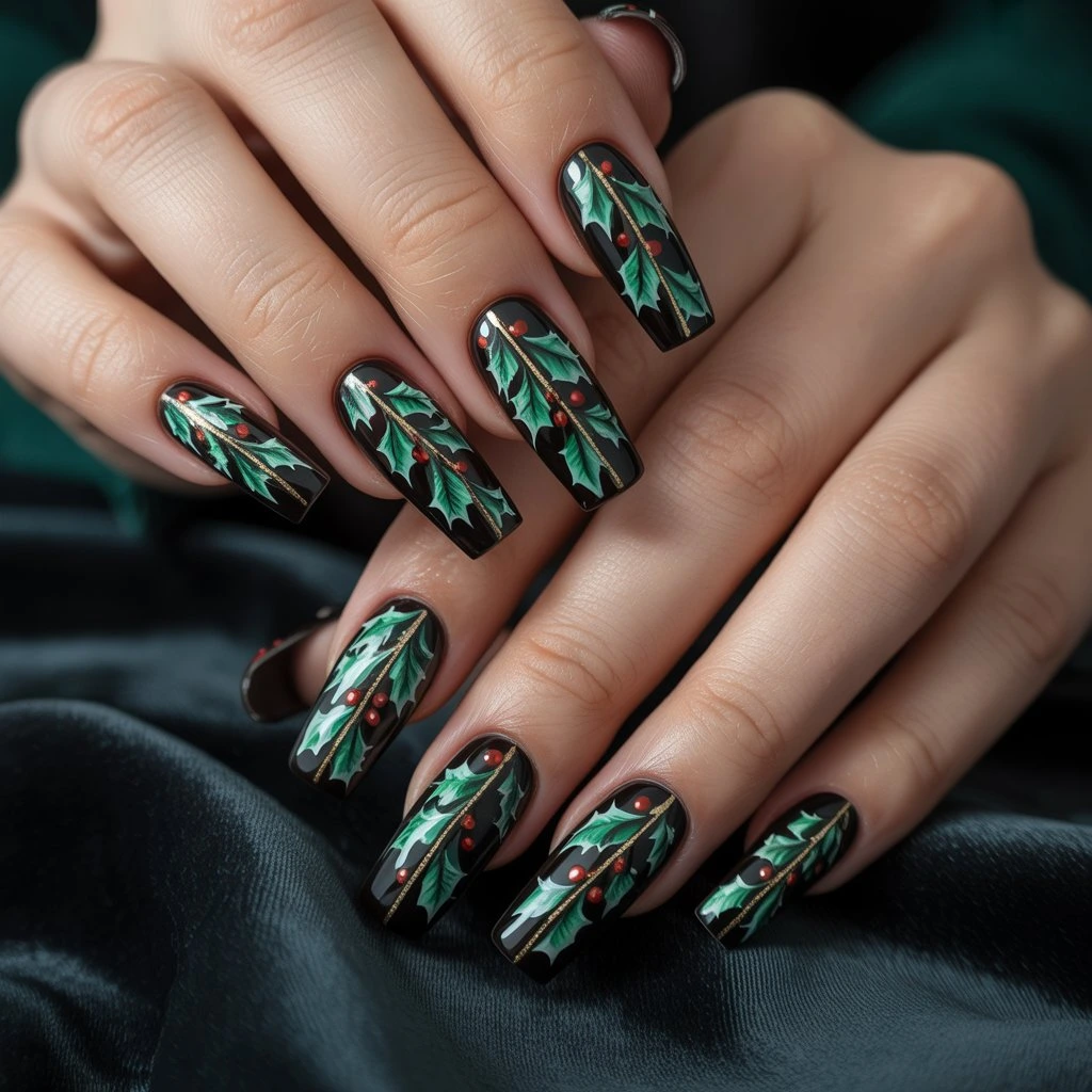 Midnight Holly Leaves Nails