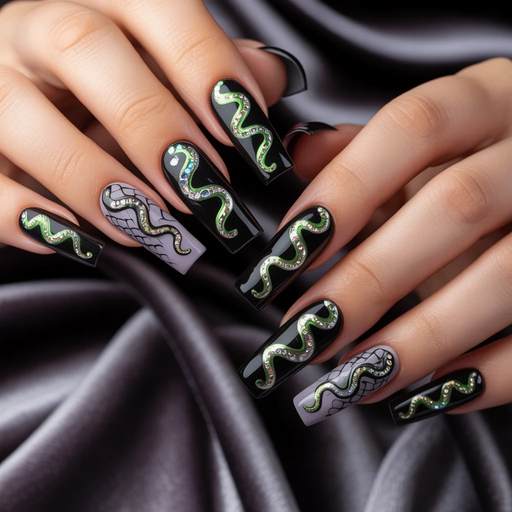 Midnight Serpent Spiral Nails