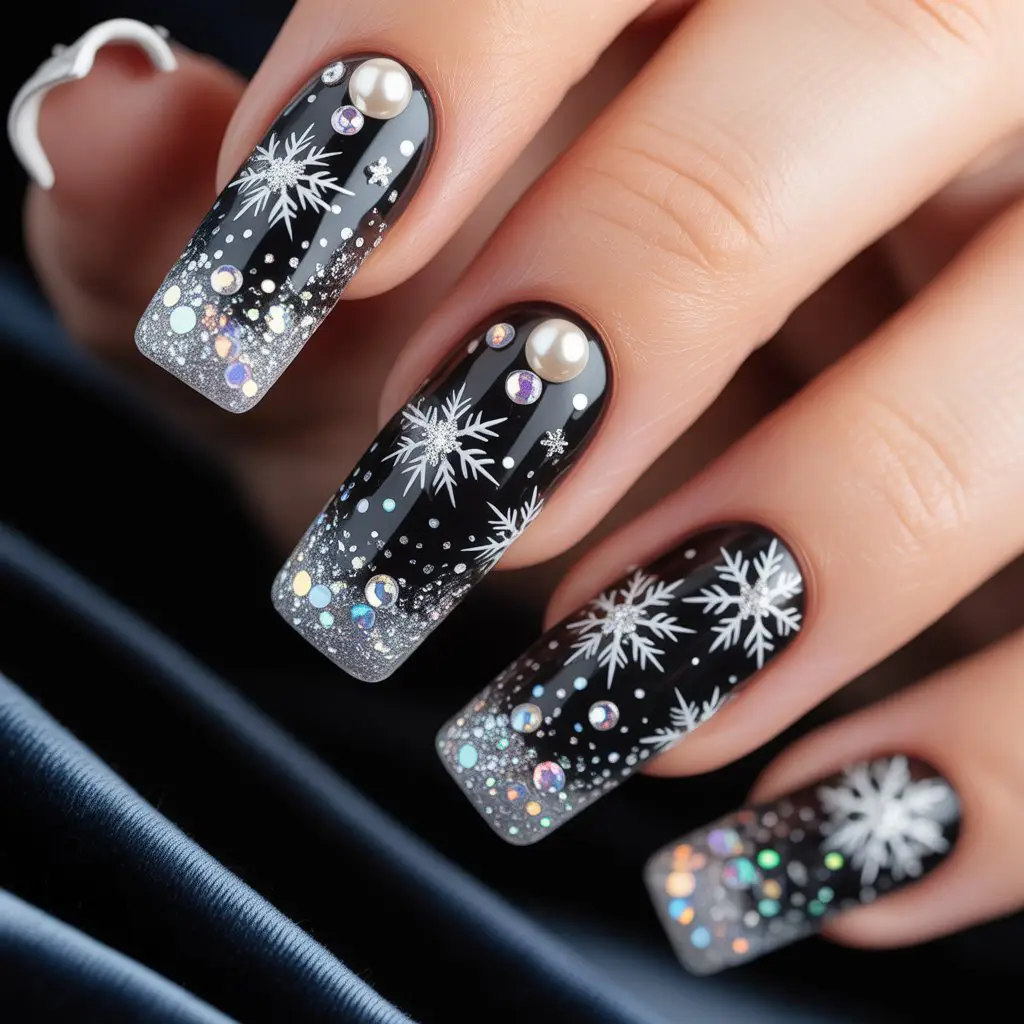 Midnight Snowfall Glitter Nails