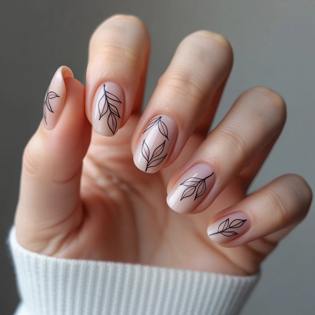Minimalist Leaf Outline Nails 