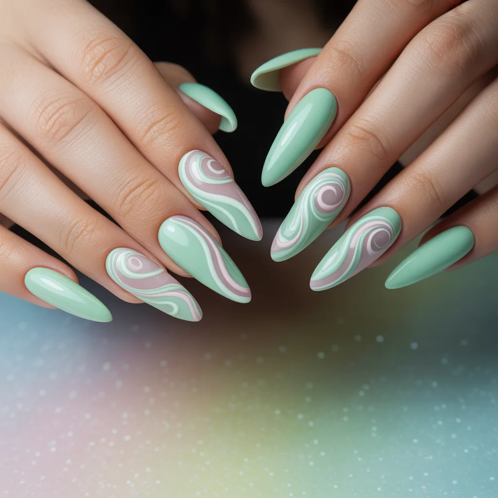 Mint Green Candy Swirl Nails