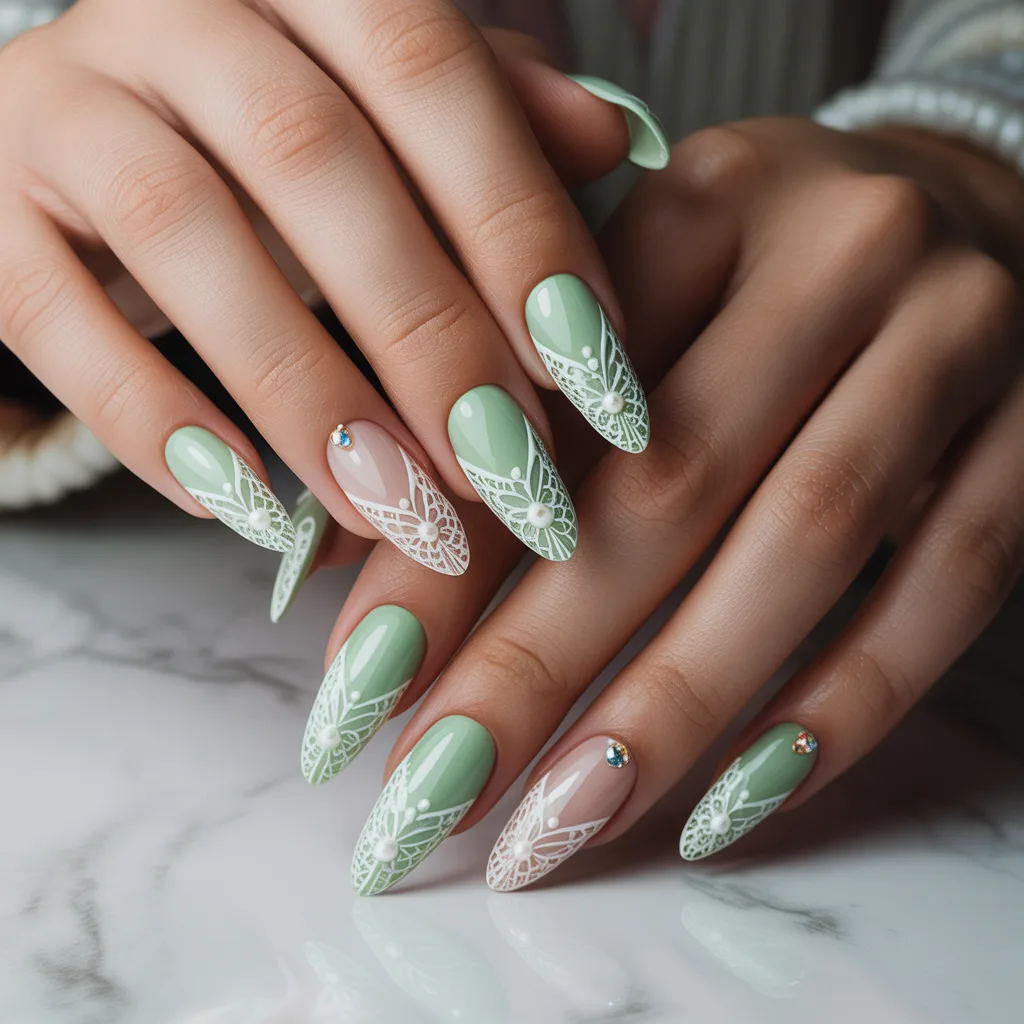 Mint Green with White Lace Accents Nails