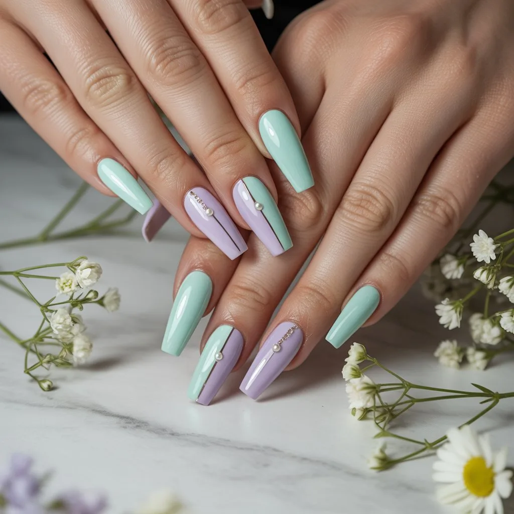 Mint-Lilac Split Nails