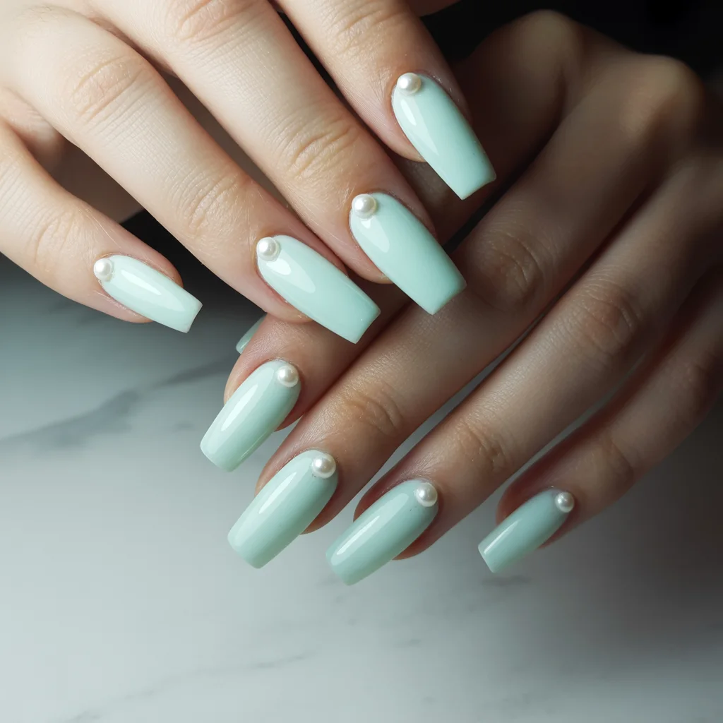 Mint with Pearls Nails