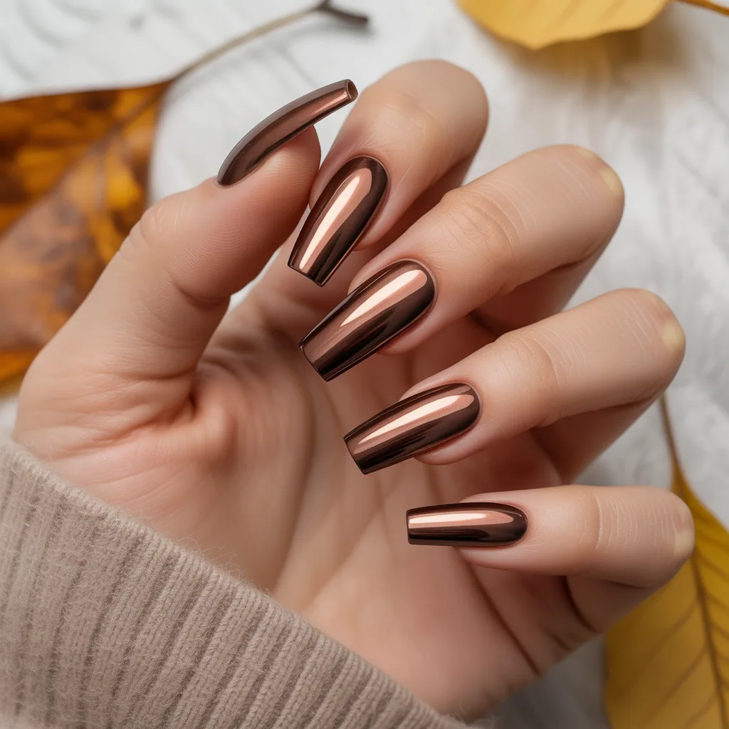 Mocha Chrome Coffin Nails