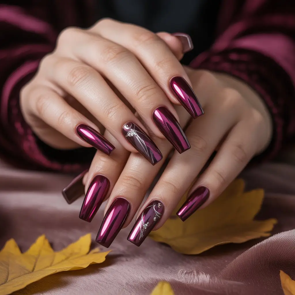 Moonlit Burgundy Chrome Nails