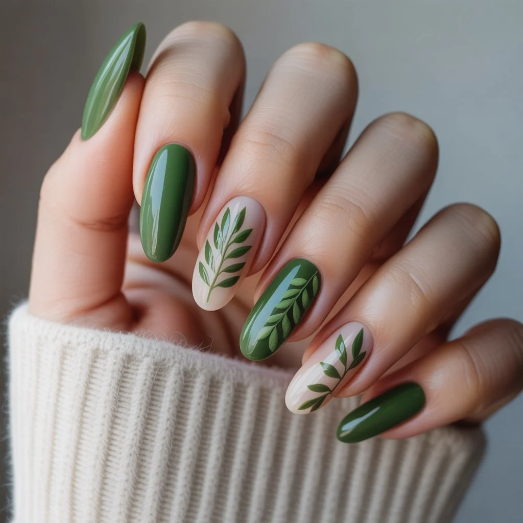 Moss Green Leaf Detail Nails