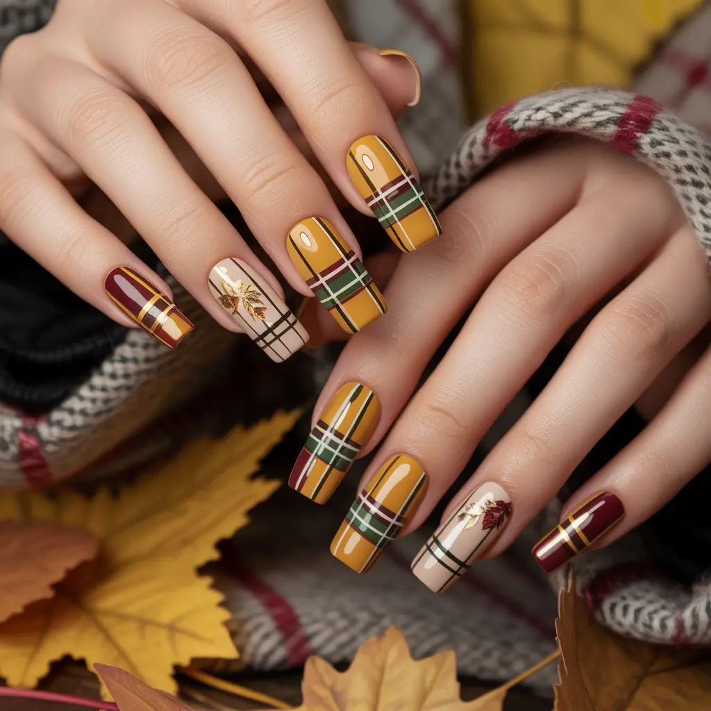 Mustard Plaid Nails