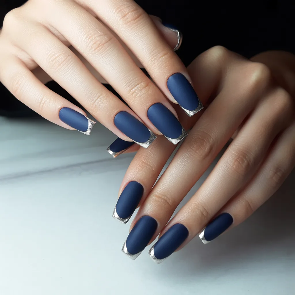 Navy Blue Matte with Silver Tips Nails