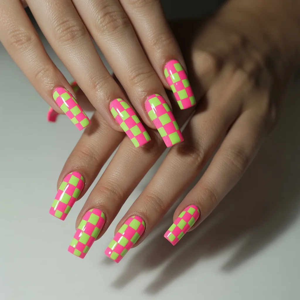 Neon Checkerboard Gel Nails 